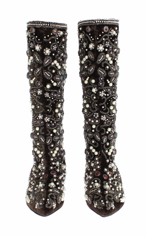 Brown Velvet Silver Baroque Crystal Boots