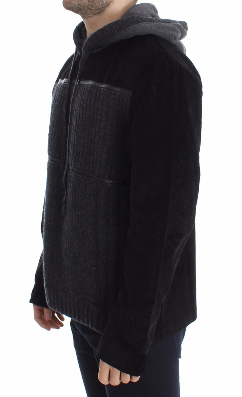 Black Gray Knitted Hooded Sweater Pullover