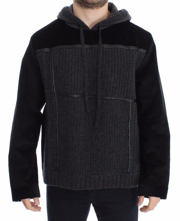 Black Gray Knitted Hooded Sweater Pullover