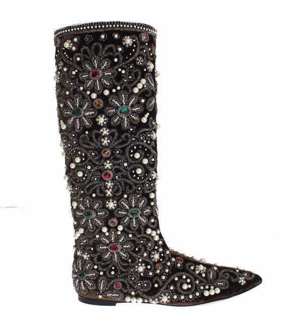 Brown Velvet Silver Baroque Crystal Boots