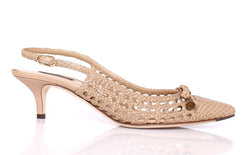 Beige Woven Leather Slingbacks Kitten Heels Low Midheel Designer Pumps