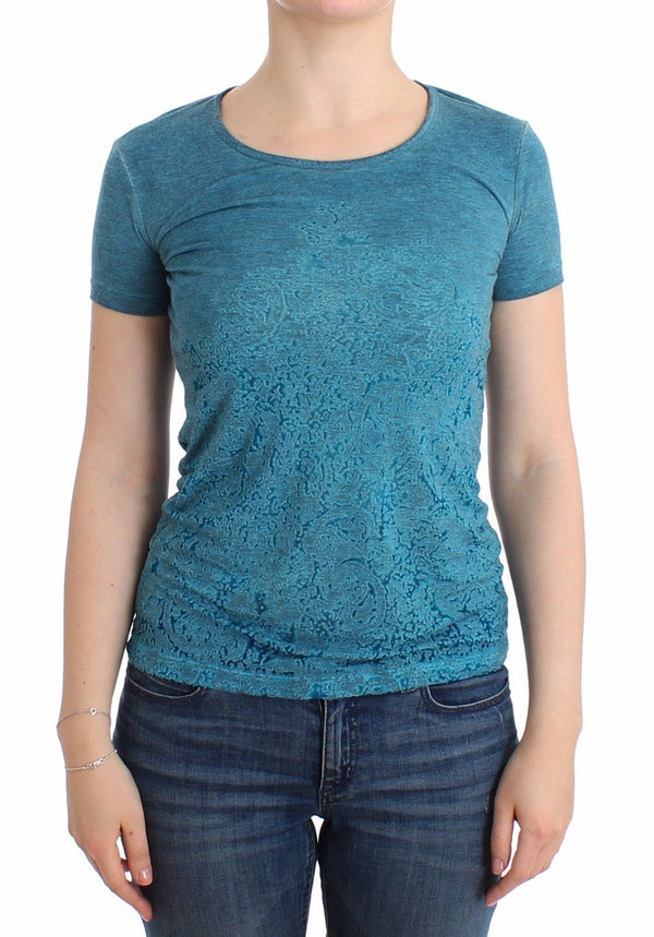 Blue Rayon Printed T-shirt Blouse Top
