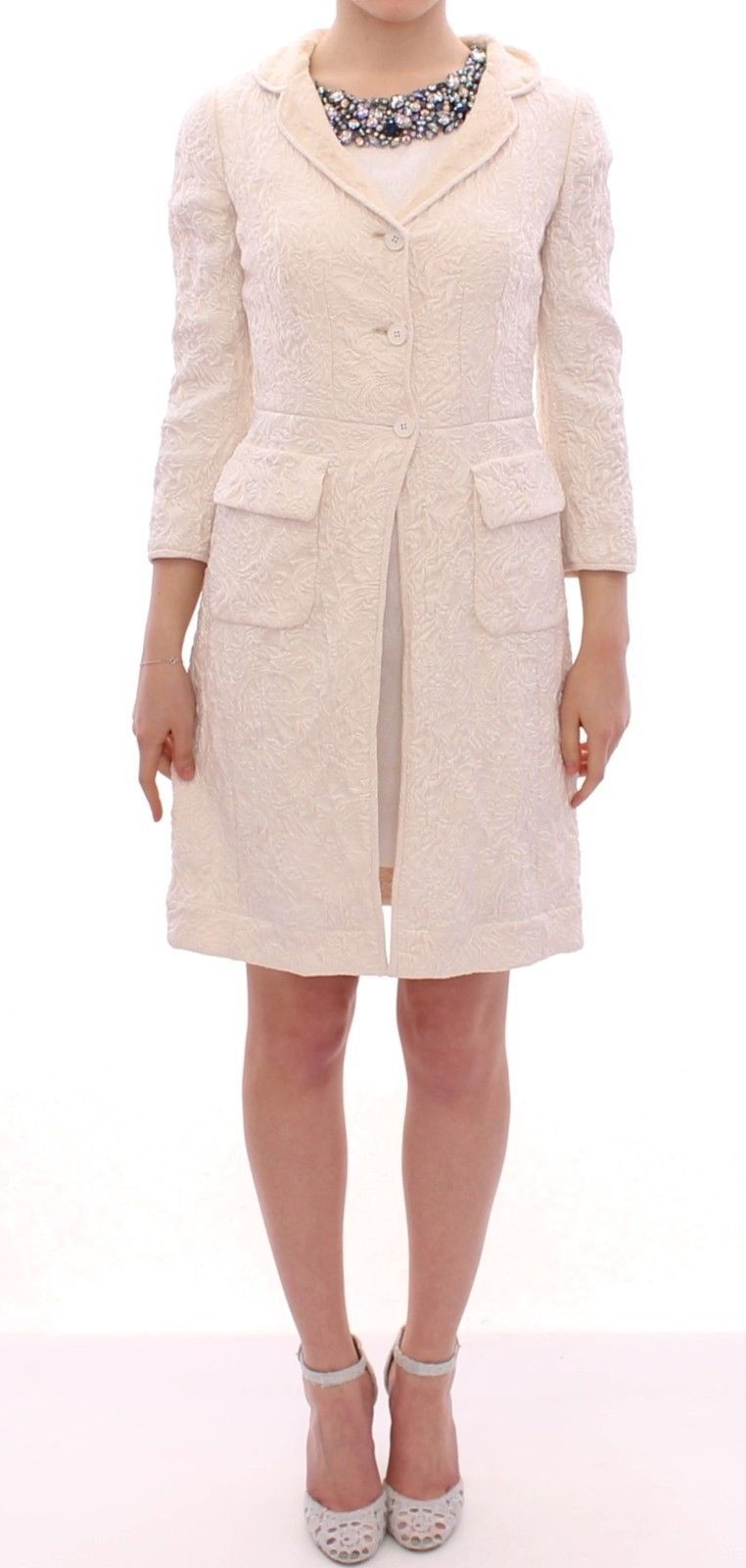 White Brocade Jaquard Long Jacket Coat Blazer