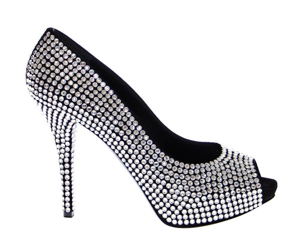 Black Leather Crystal Platform Shoes