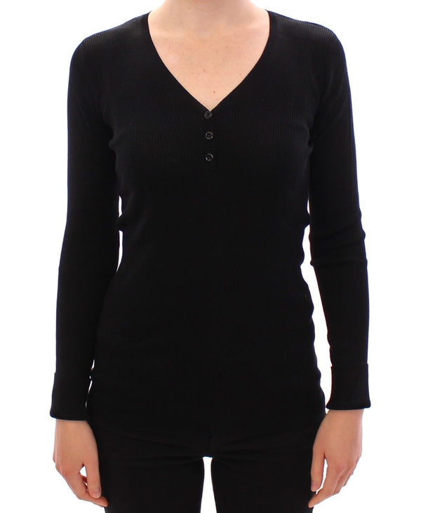 Black Ribbed V-neck Button Silk Sweater Pullover