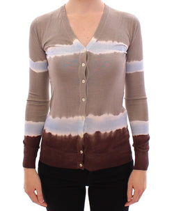 Beige Striped Silk Sweater Cardigan Pullover Top