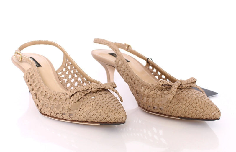 Beige Woven Leather Slingbacks Kitten Heels Low Midheel Designer Pumps