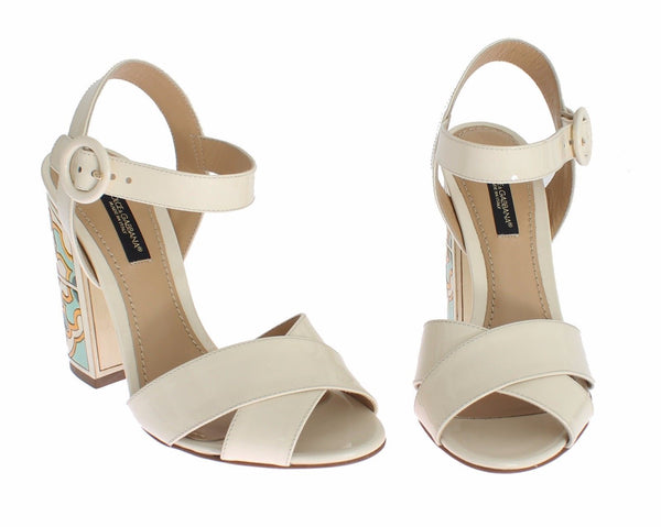 White Leather Majolica Print Sandals Shoes