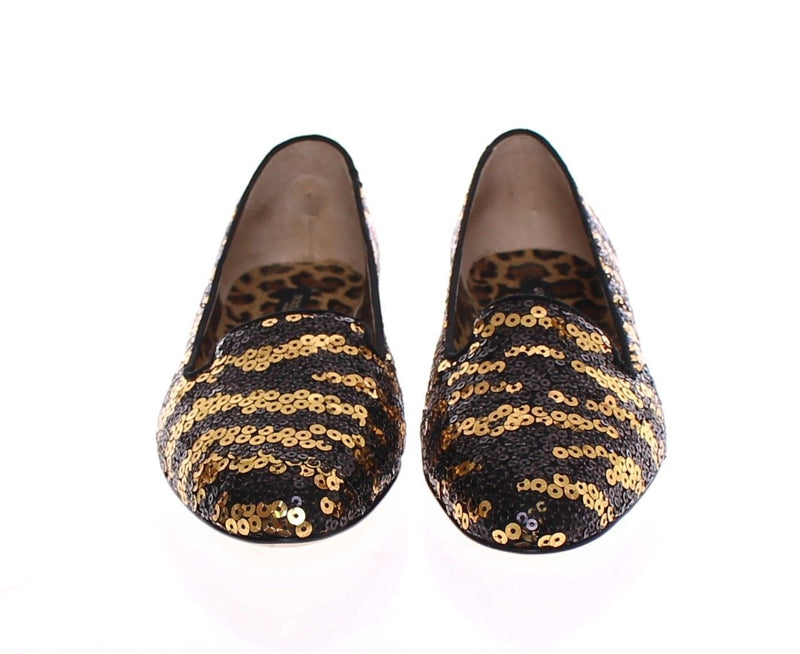 Black Gold Sequined Ballerina Flat Shoes