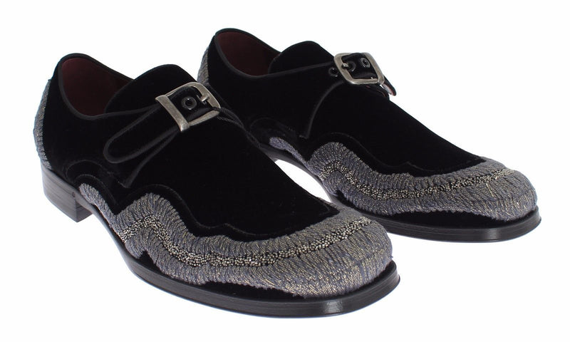 Black Velvet Gray Sequined Baroque Shoes