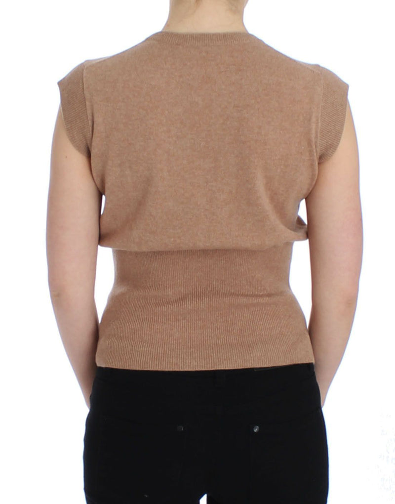 Beige Cashmere Knit Top Crewneck Sweater Vest