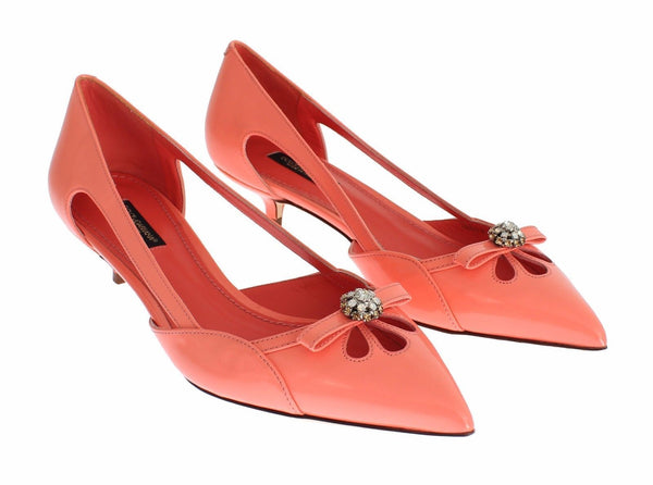 Pink Leather Crystal Kitten Heels Shoes