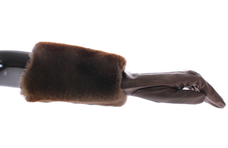 Brown Rabbit Fur Lambskin Leather Gloves Silk
