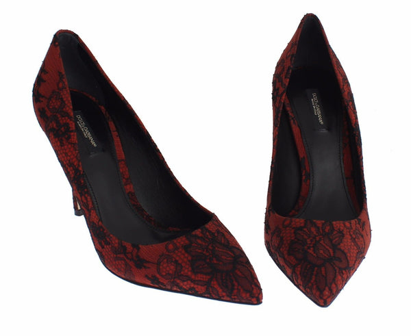 Red Suede Black Lace Pointy Pumps Shoes