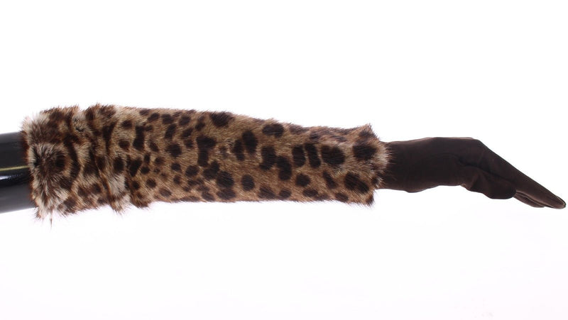 Brown Leather Leopard Raccoon Fur Elbow Gloves