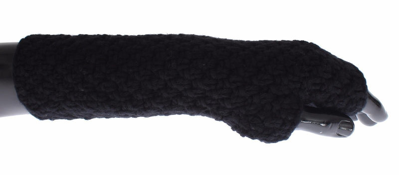 Black Knitted Wool Leather Fingerless Mens Gloves