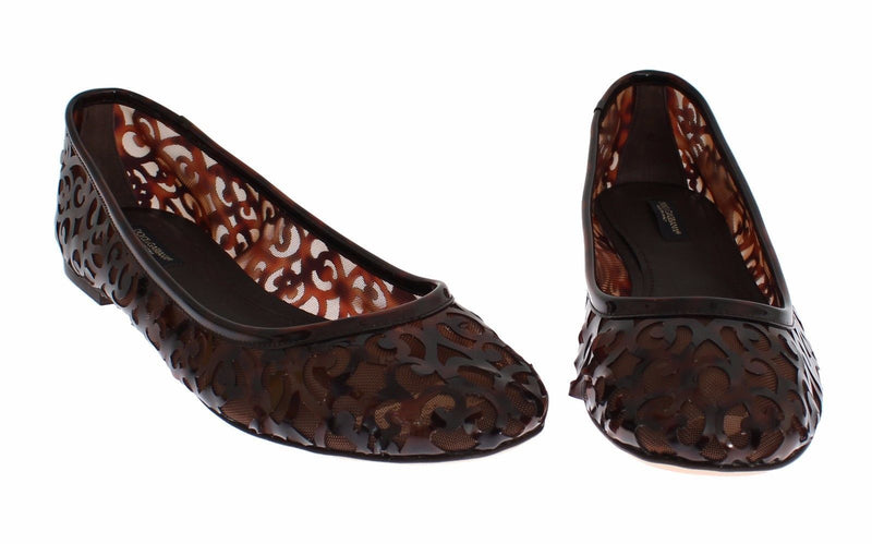 Brown Jacquard PVC Ballerina Flat Shoes