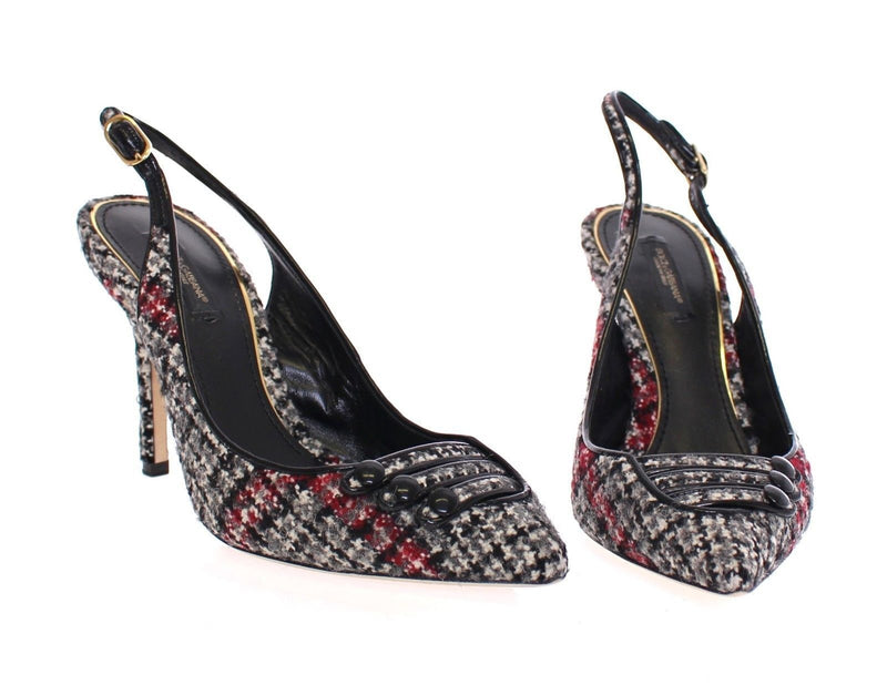 Gray Checkered Wool Leather Slingbacks Shoes