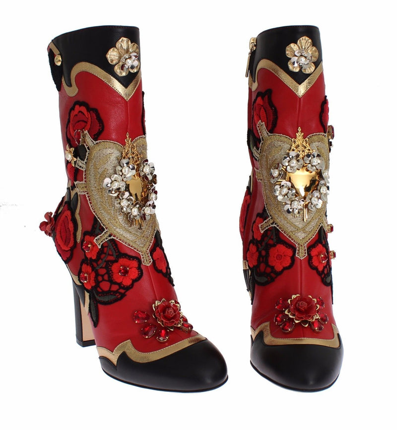 Roses Crystal Gold Heart Red Gold Black Leather Boots Shoes for Women