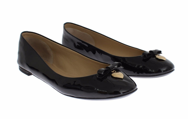 Black Patent Leather Heart Ballerina Flat Shoes