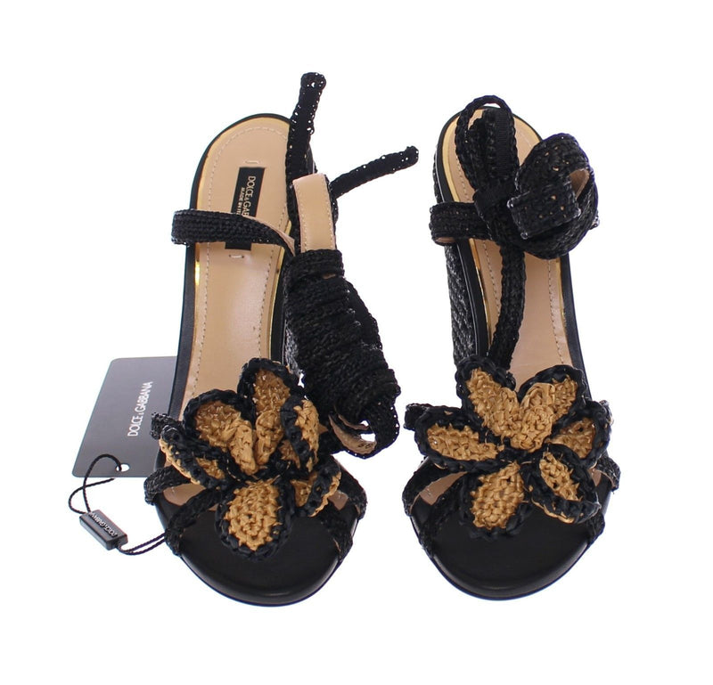 Black Beige Floral Leather Wedges Shoes