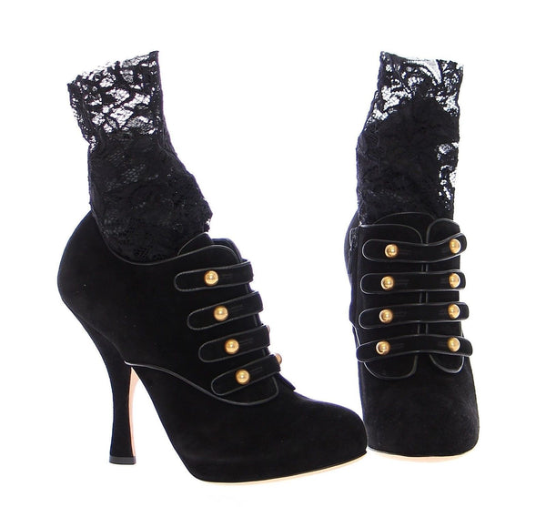 Black Suede Baroque Lace Platform Shoes