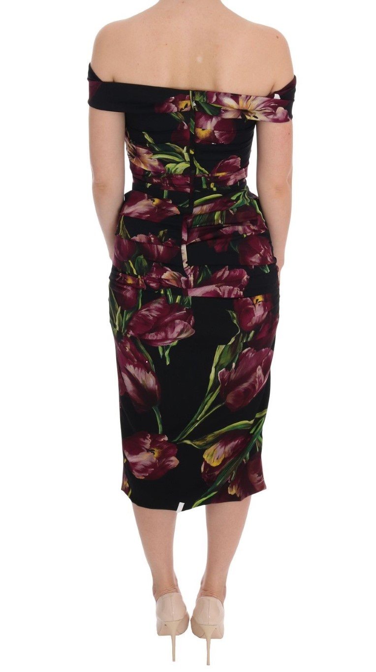 Black Silk Stretch Purple Tulip Sheath Dress