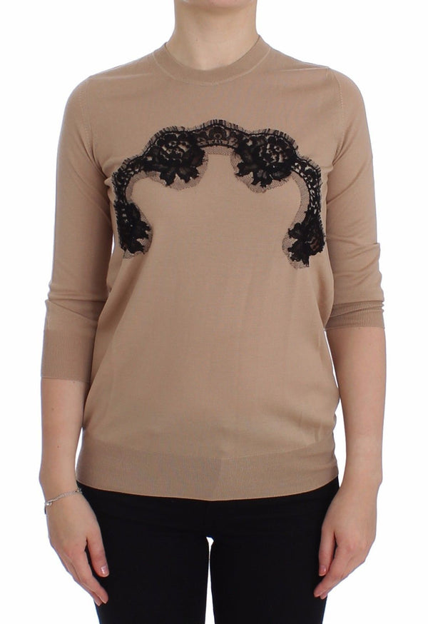 Beige Wool Black Lace Sweater Pullover
