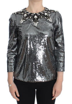 Gray Silver Crystal Sequined Blouse