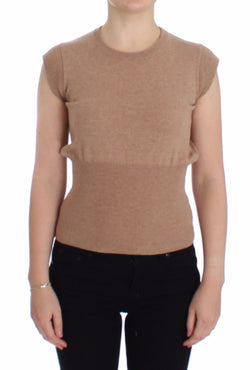 Beige Cashmere Knit Top Crewneck Sweater Vest