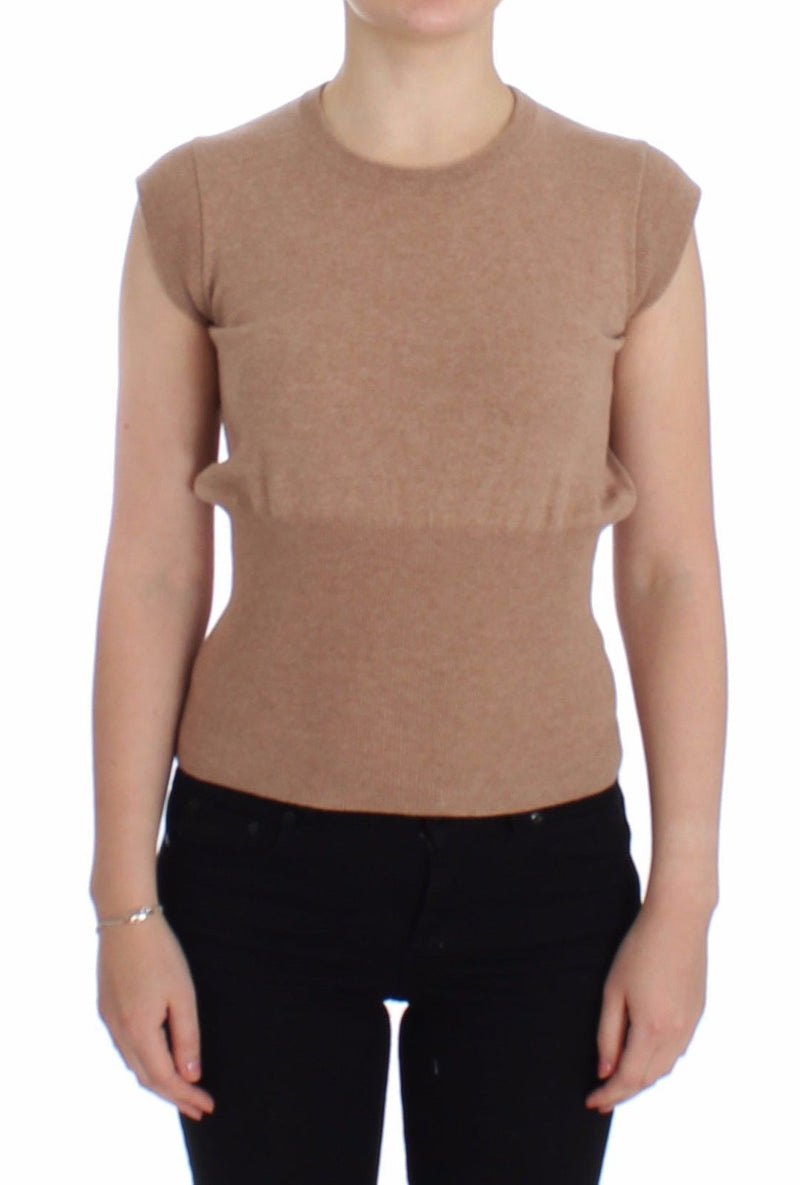 Beige Cashmere Knit Top Crewneck Sweater Vest