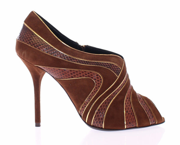 Brown Suede Snakeskin Open Toe Pumps Shoes