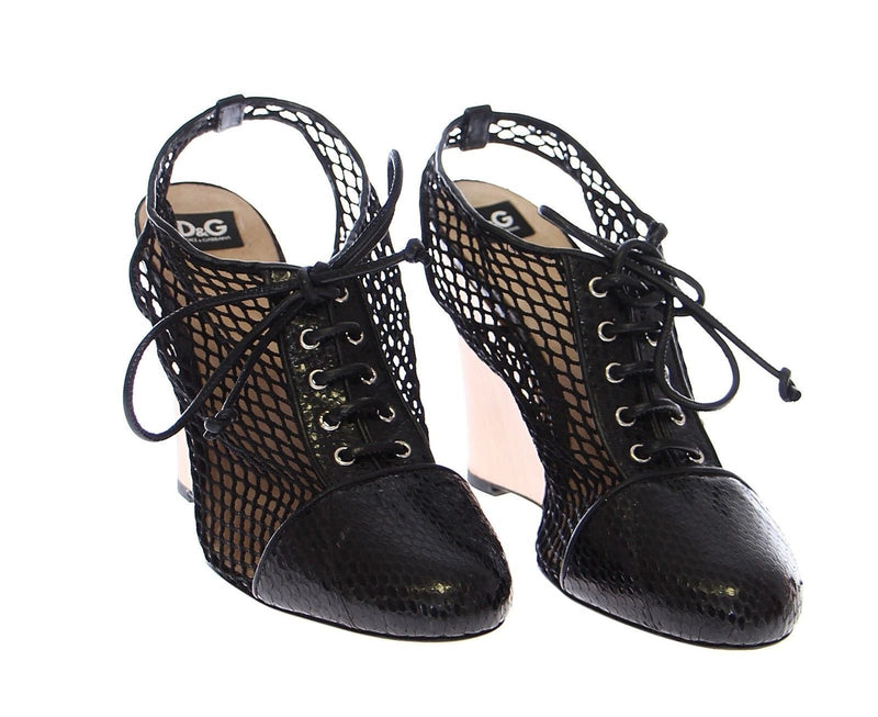 Black Snakeskin Leather Wedges Shoes