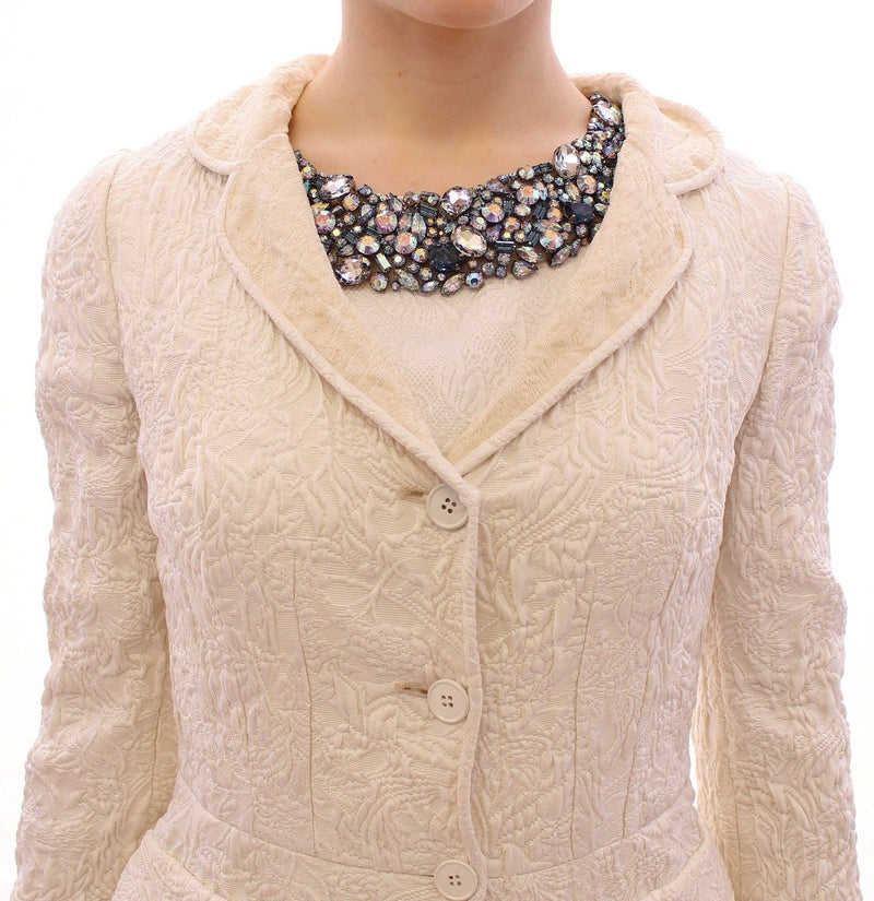 White Brocade Jaquard Long Jacket Coat Blazer