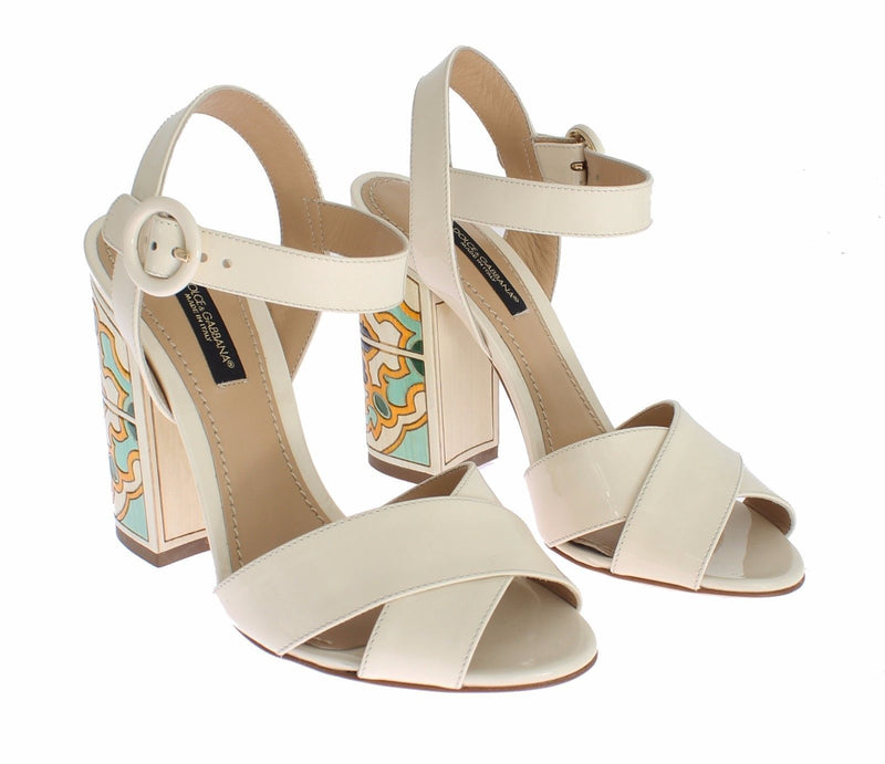 White Leather Majolica Print Sandals Shoes