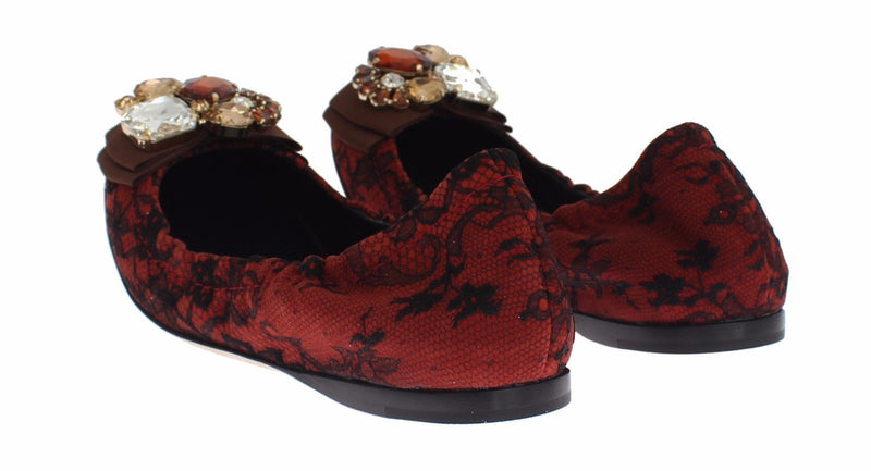 Red Taormina Lace Crystal Ballerina Flat Shoes