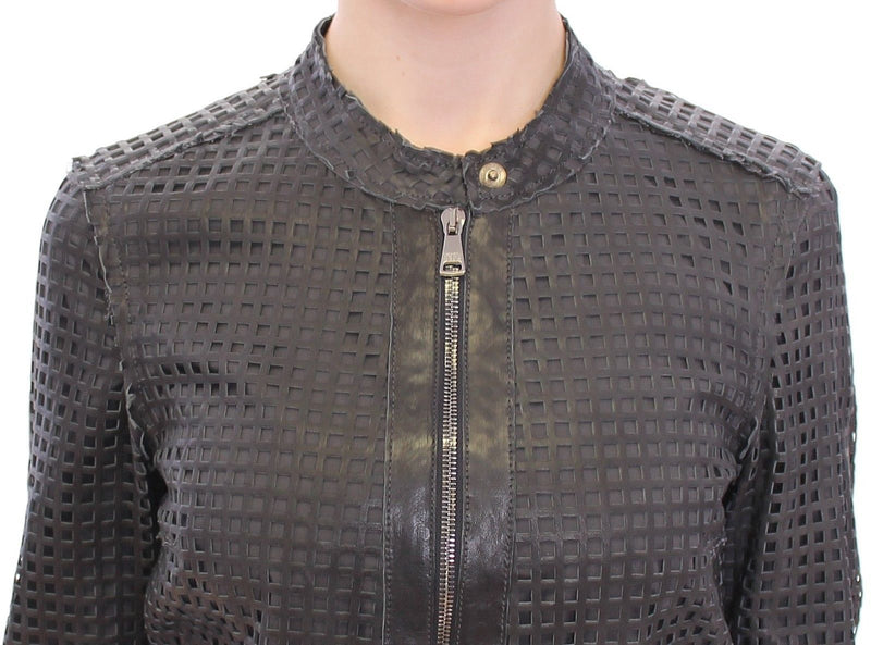 Black Perforated Leather Biker Jacket Coat