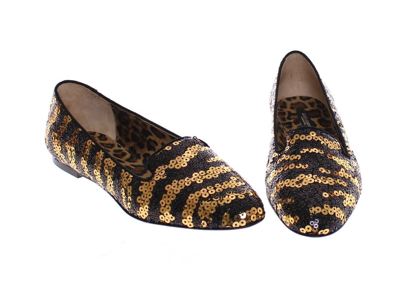 Black Gold Sequined Ballerina Flat Shoes