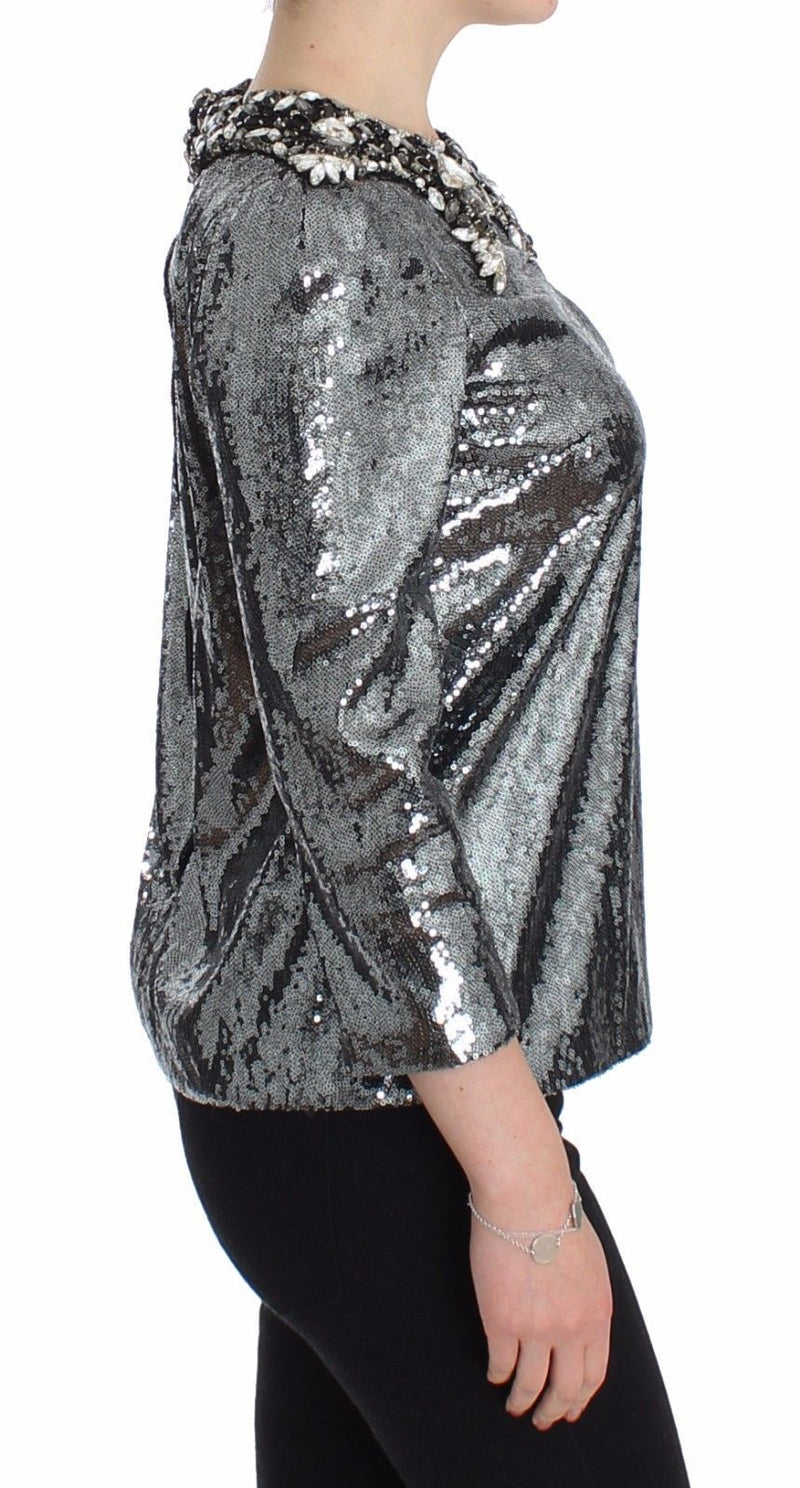 Gray Silver Crystal Sequined Blouse