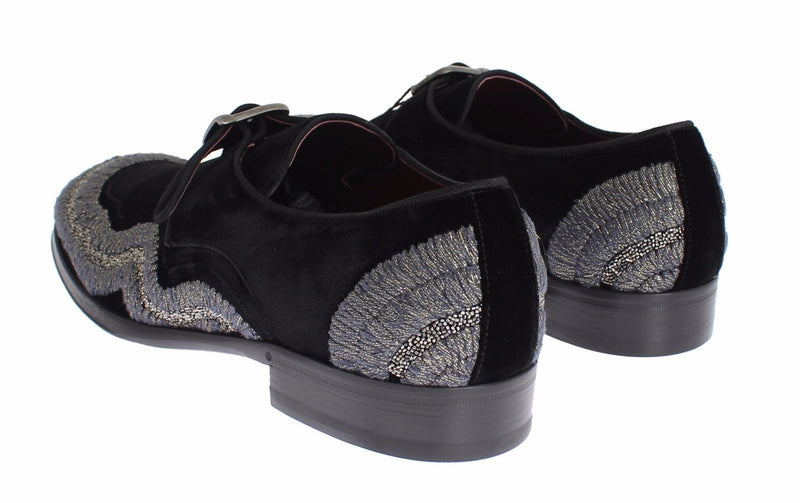 Black Velvet Gray Sequined Baroque Shoes