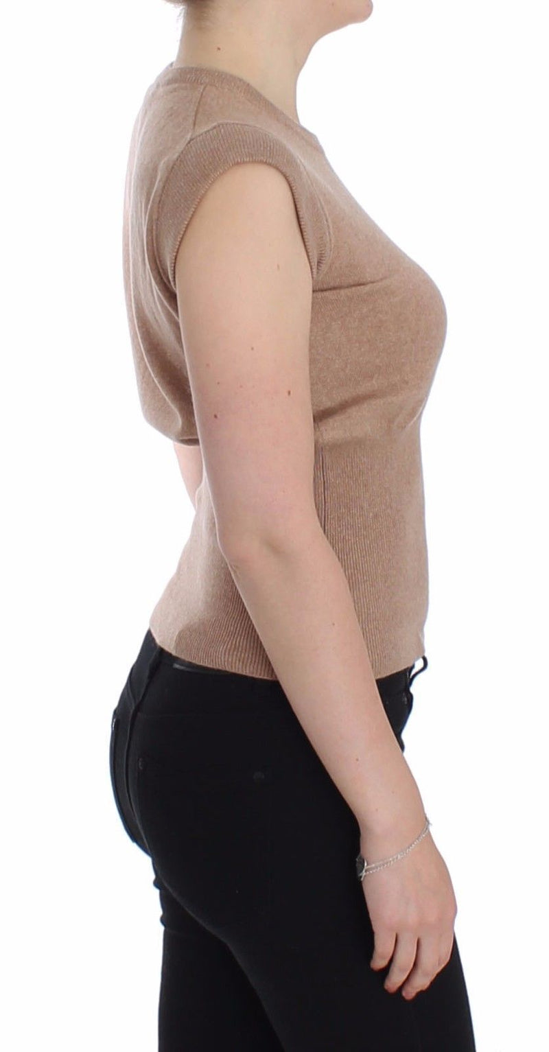 Beige Cashmere Knit Top Crewneck Sweater Vest