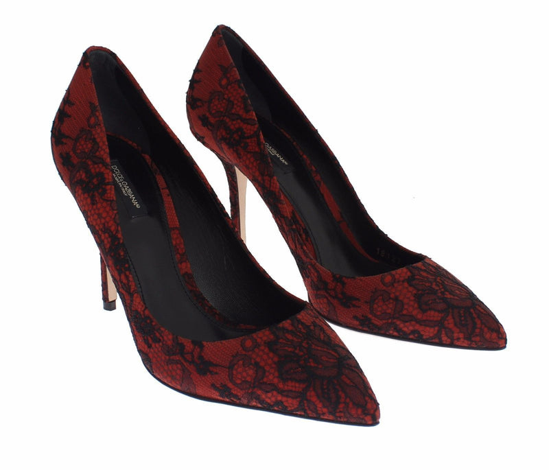 Red Suede Black Lace Pointy Pumps Shoes