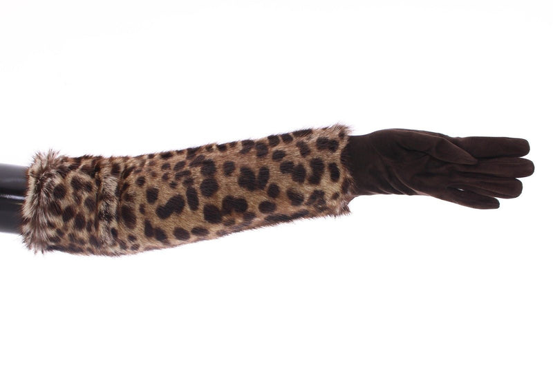 Brown Leather Leopard Raccoon Fur Elbow Gloves