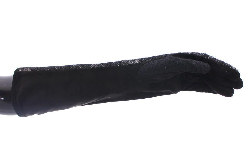 Black Lambskin Leather Wool Elbow Gloves Silk