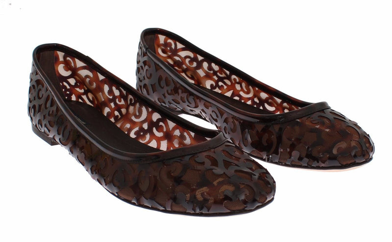 Brown Jacquard PVC Ballerina Flat Shoes