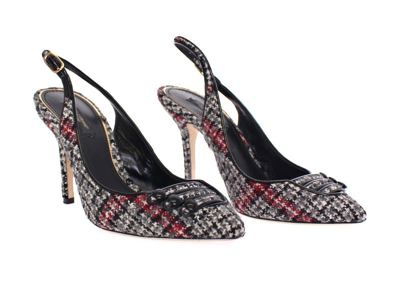 Gray Checkered Wool Leather Slingbacks Shoes