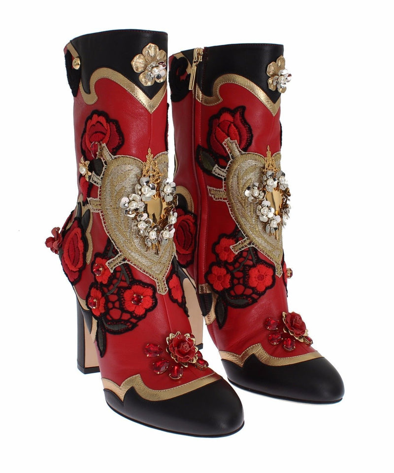 Roses Crystal Gold Heart Red Gold Black Leather Boots Shoes for Women