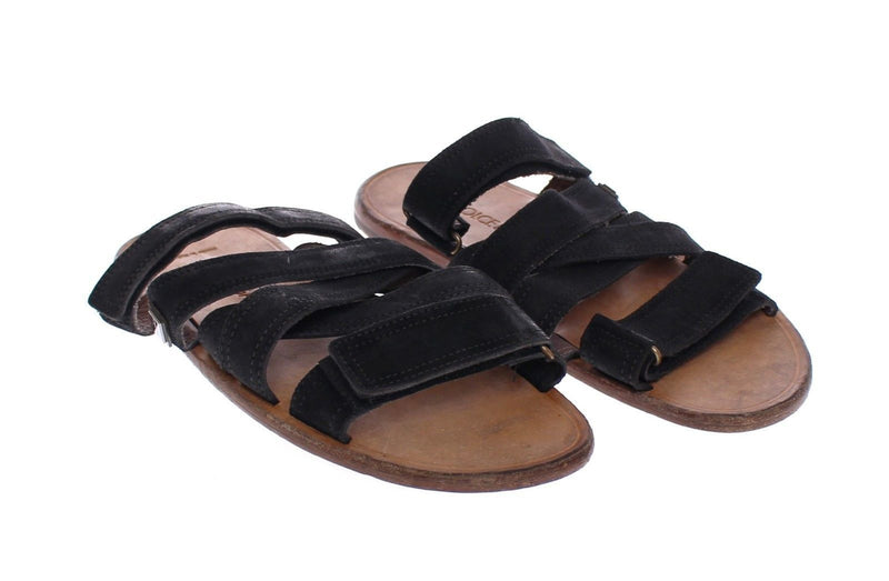 Black Leather Strap Slides Sandals Shoes
