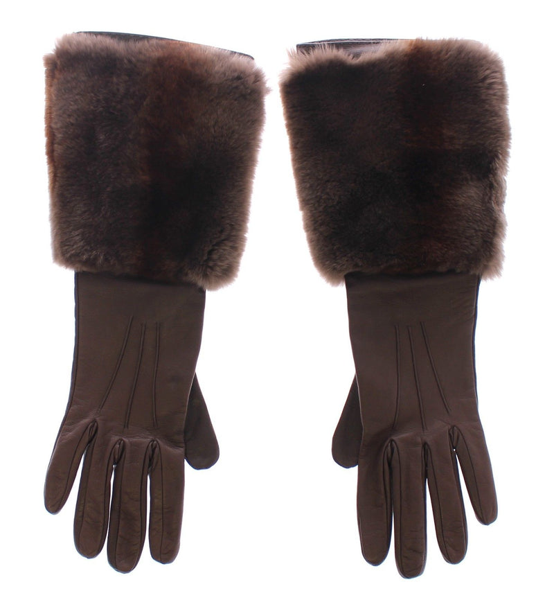 Brown Rabbit Fur Lambskin Leather Gloves Silk