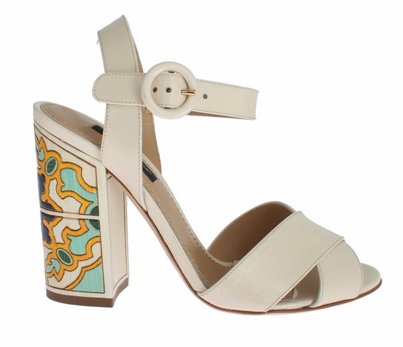 White Leather Majolica Print Sandals Shoes